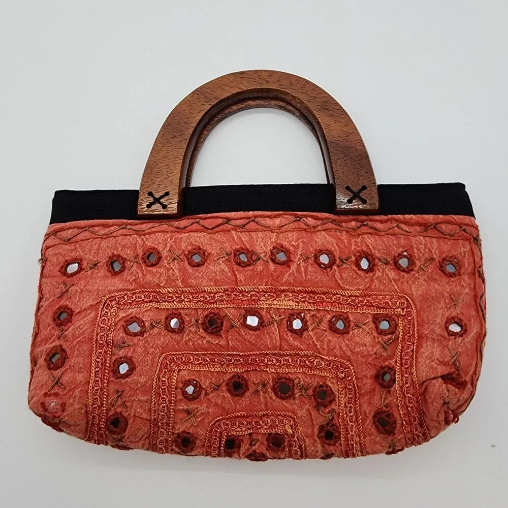Thai Fabric Wooden Handle Tote Bag Orange Embroidered Artisan Boho Hippie 10x6